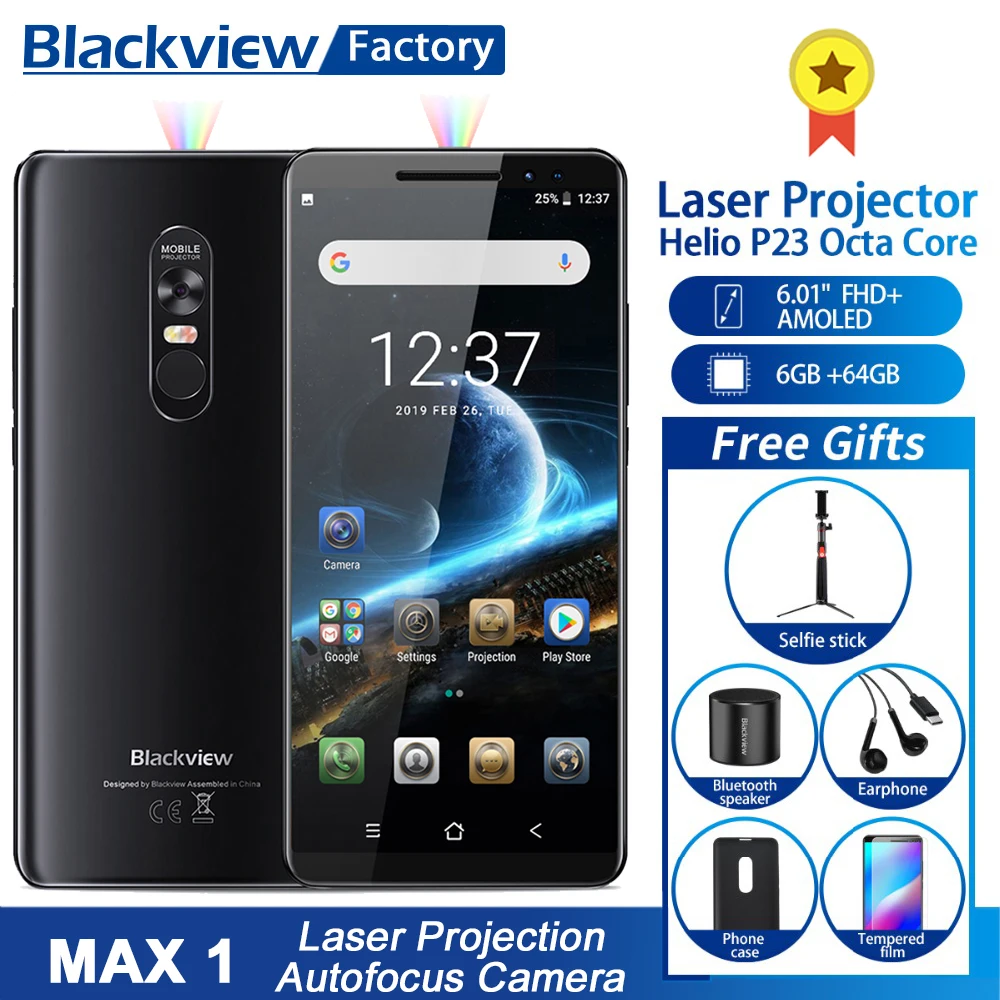 

Blackview MAX 1 Projector 6GB+64GB Mobile Phone 6.01 inch AMOLED Mini Projector Portable Home Theater Smartphone Android 8.1