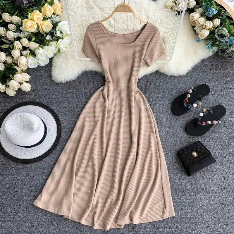 

Fashion Basic Ladies Slim Knit Summer Midi Long Dress Party Women Dresses Vestido De Festa Elastic Waist Casual A-Line Vestidos
