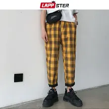 Pantalones de tela escocesa amarillo de LAPPSTER, pantalones de chándal para hombre 2020, pantalones Harem rectos casuales para hombre, pantalones de pista coreanos de Hip Hop de talla grande