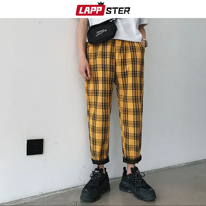 Prix LAPPSTER Streetwear jaune Plaid pantalon hommes Joggers 2019 homme décontracté droite Harem pantalon hommes coréen Hip Hop survêtement pantalon grande taille