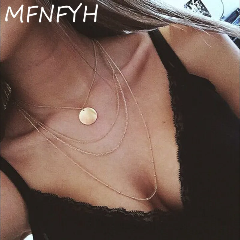 

MFNFYH Multi Layers Chain Tassel Chokers Necklace Women Metal Gold Color Coin Clavicle Necklace 2019 Fashion Jewelry Gift Bijoux