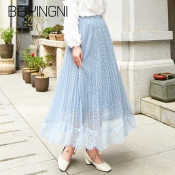 

Beiyingni Lace Patchwork Tulle Skirts Woman Solid Kpop Style Elegant Faldas Dot Fashion Casual Skirt 5Colors Charming Midi Saia