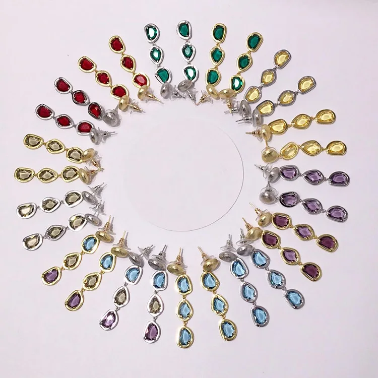 

High Quality Titanium Steel Baoman Wind Sand Gold And Silver Color Irregular Cut Color Stone Long Earrings For Women