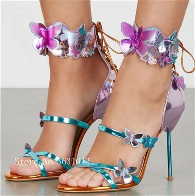 Fashion Colorful Butterfly Ankle Strap Sandals Appliques Metallic Leather Turquoise Strappy High Heel Shoes Lace Up Woman Sandal