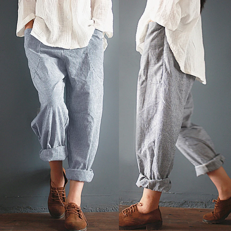 2019 Hot Sale Women Vintage Elastic Waist Loose Long Trousers Leisure Retro Baggy Pantalon Cotton Linen Striped Harem Pants 2019 Hot Sale Women Vintage Elastic Waist Loose Long Trousers Leisure Retro Baggy Pantalon Cotton Linen Striped Harem Pants