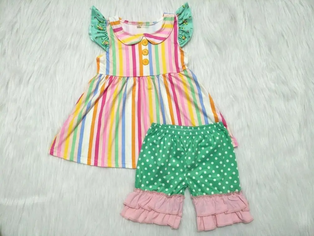 

Summer striped outfits baby girls high quality rainbow color t shirt+dotted shorts 2 pcs sets kids children's clothing gxj