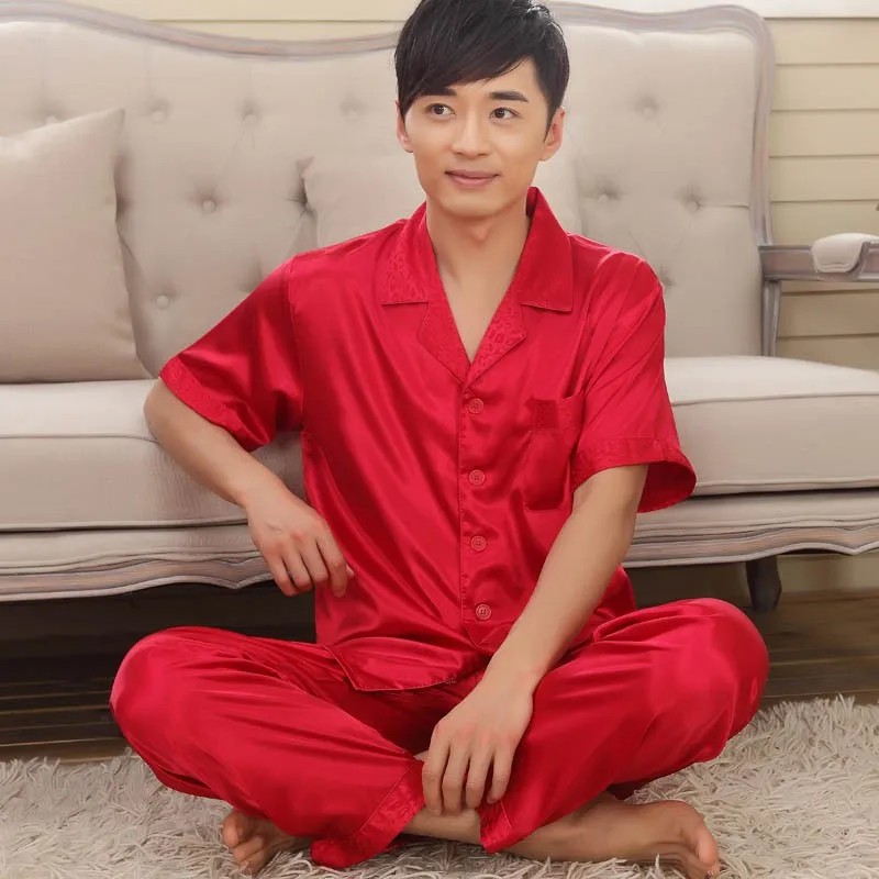 Summer faux silk men's 2 piece Pajama Sets male Rayon homewear younster sleepwear  Men's Sleep Lounge short  pijamas nightwears organic pyjamas