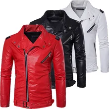 Высокое качество мягкая PU мульти молния белый красный кожаная куртка мужская мотоциклетная облегающая Мужская байкерская куртка черный
