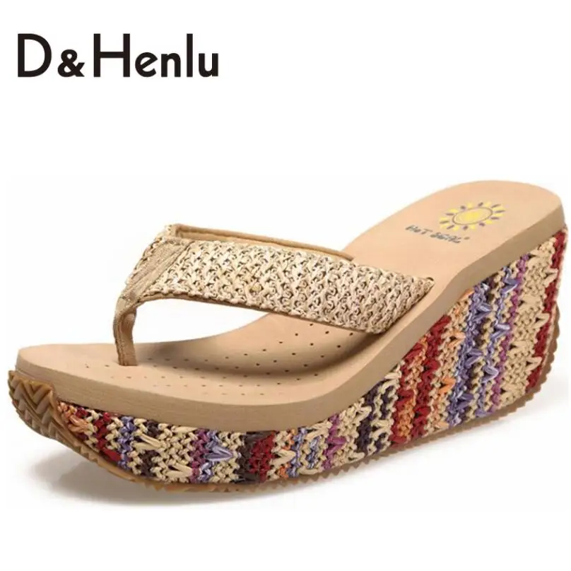 

{D&H}Summer Stripe Flip Flops Women Platform Wedges Slippers Comfortable Cane Women Sandals Raffia Ethnic Shoes Women KQB006