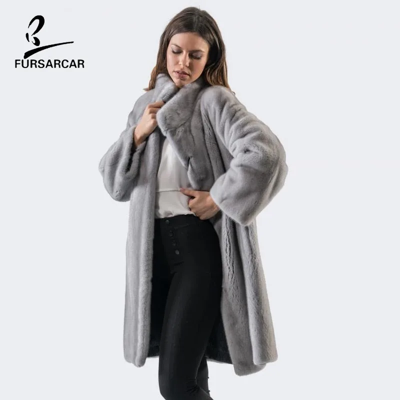 FURSARCAR новинка 2020 натуральный серый норковый меховой Тренч Женское пальто женские