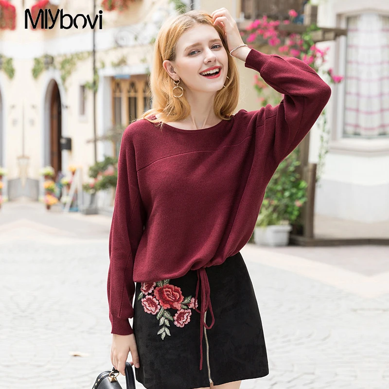 Women Sweater winter knitted sweater pullover Women O neck loose sweater jumper Autumn batwing sleeve Wine Red sweater pull femm