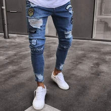Мужские рваные джинсы с вышивкой в стиле хип-хоп