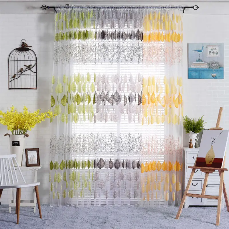 Summer Leaf Floral Tulle Window Door Curtain Voile Drape Sheer Scarf