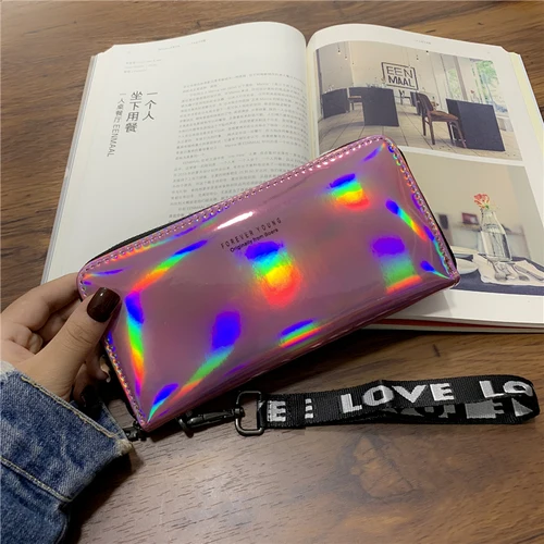 Women Wallets Lanyard Laser Holographic Wallet Women Long Purse Female Clutch Bag Portfel Zip Phone Pocket Card Holder Carteras - Цвет: Long  LS01- Purple