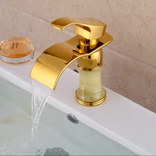 Золотой & Мраморный Водопад Бассейне Кран Раковины Палуба Гора Одной Ручкой Латунь Смесители Одно Отверстие