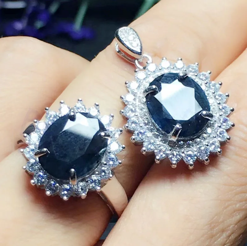 

Natural real sapphire jewelry set Free shipping 1pc ring 1pc pendant 925 sterling silver 3.8ct*2pcs gemstone #XY18071102