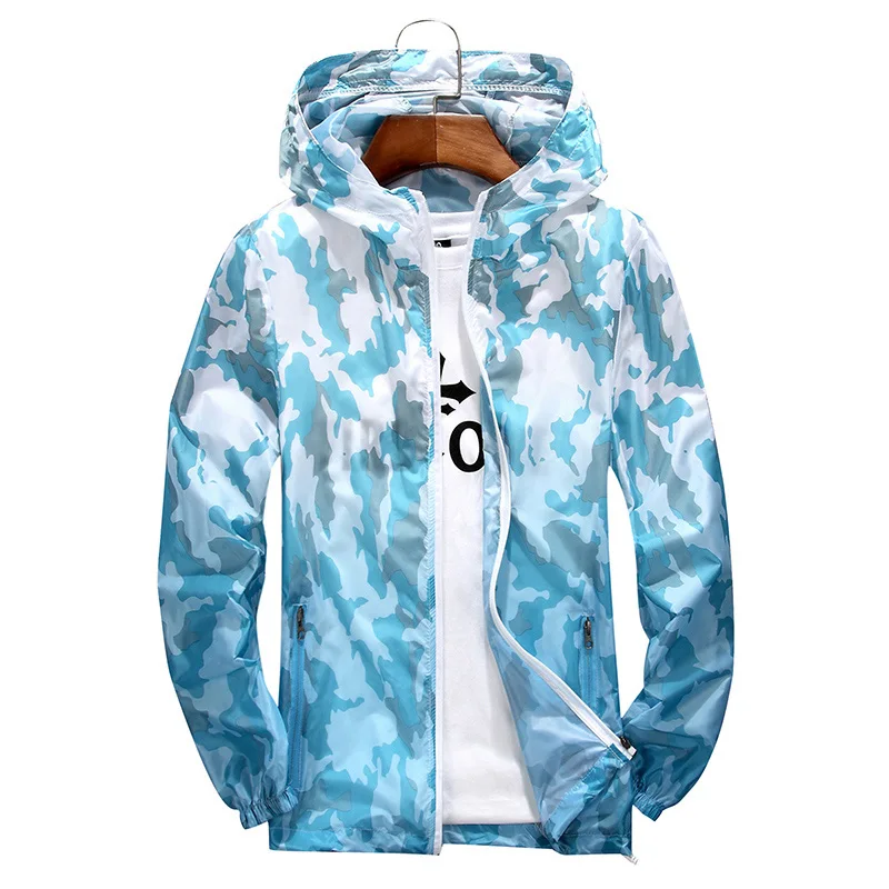 DAVYDAISY камуфляжная Солнцезащитная куртка для мужчин и женщин, Ультралегкая дышащая Спортивная одежда на молнии с капюшоном и принтом, DCT-208 - Цвет: Gradient Lake Blue