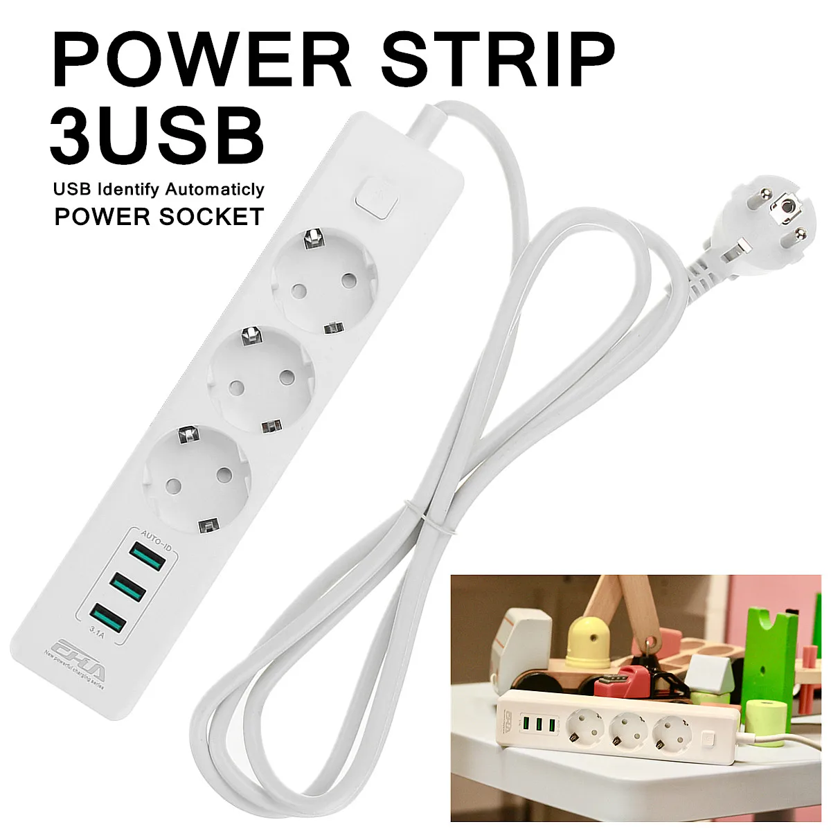 250V 10A 2500W 1.8M EU Plug 3 USB Outlet Charger Extender Strips Power Strip Socket Surge Protector PC Model EH3331 Security