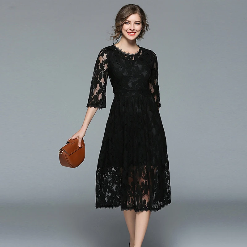 2018 Spring new women Elegant high quality black lace long dress female ...