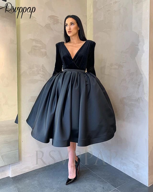 Новое поступление с длинным рукавом v-образный вырез Пышное Бальное платье формальное женское элегантное арабское стильное черное бархатное короткое вечернее платье