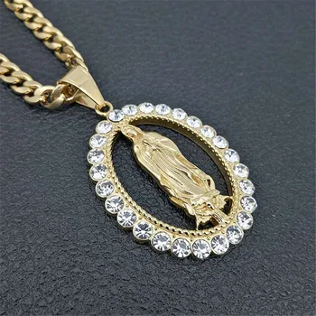 

Hip Hop Iced Out Big Virgin Mary Necklaces Pendants Gold Color Stainless Steel Chain For Women Christian Jewelry Madonna U1145