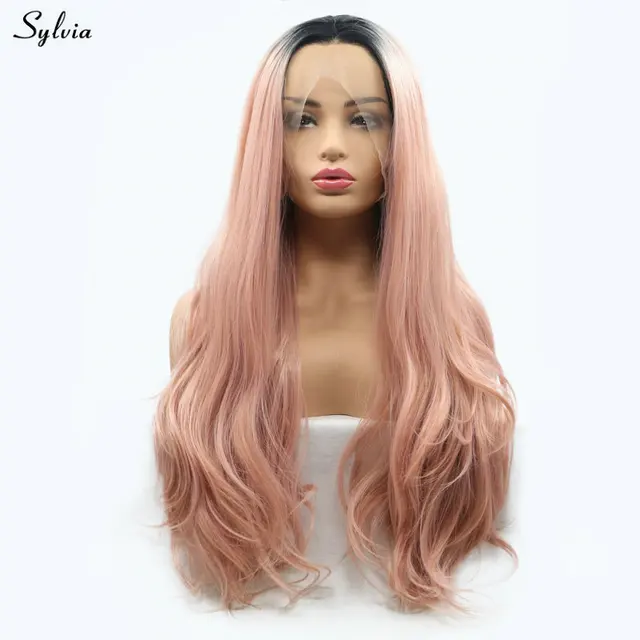 Sylvia Cosplay Rose Gold Wig Ombre Black Roots Two Tone Body Wave Long Synthetic Hair Lace Front