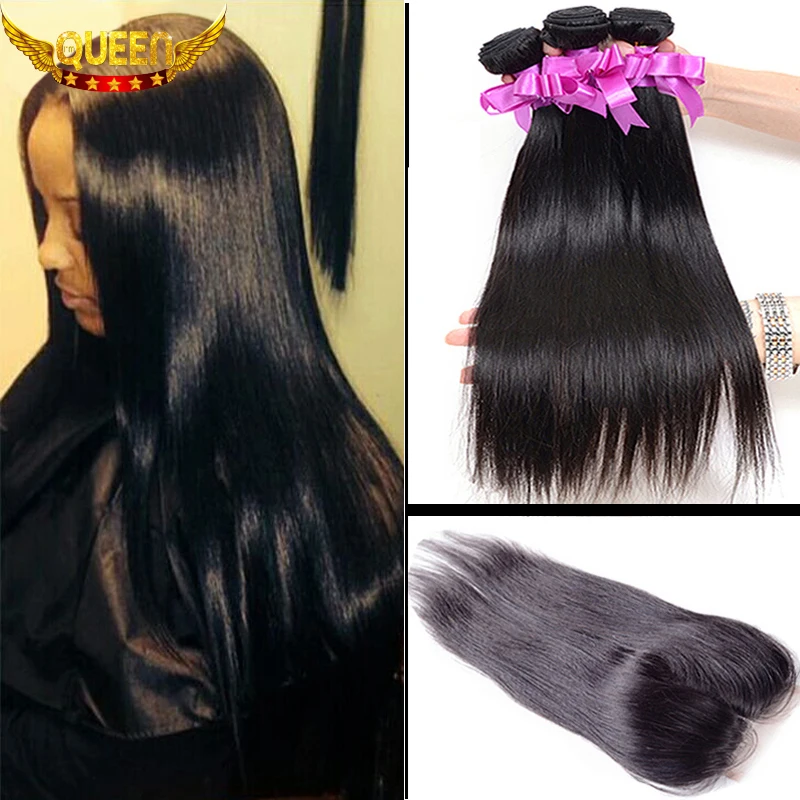 7A Peruvian Virgin Hair With Closure 3PCS Peruvian Virgin Hair Straight With Closure Soft Peruvian Hair Straight & Lace Closure