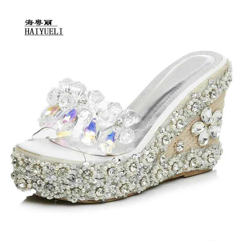 Top Product Women Shoes Pure Handmade Luxury Diamond Fish Head High Heels Wedge Sandals Slippers | Обувь