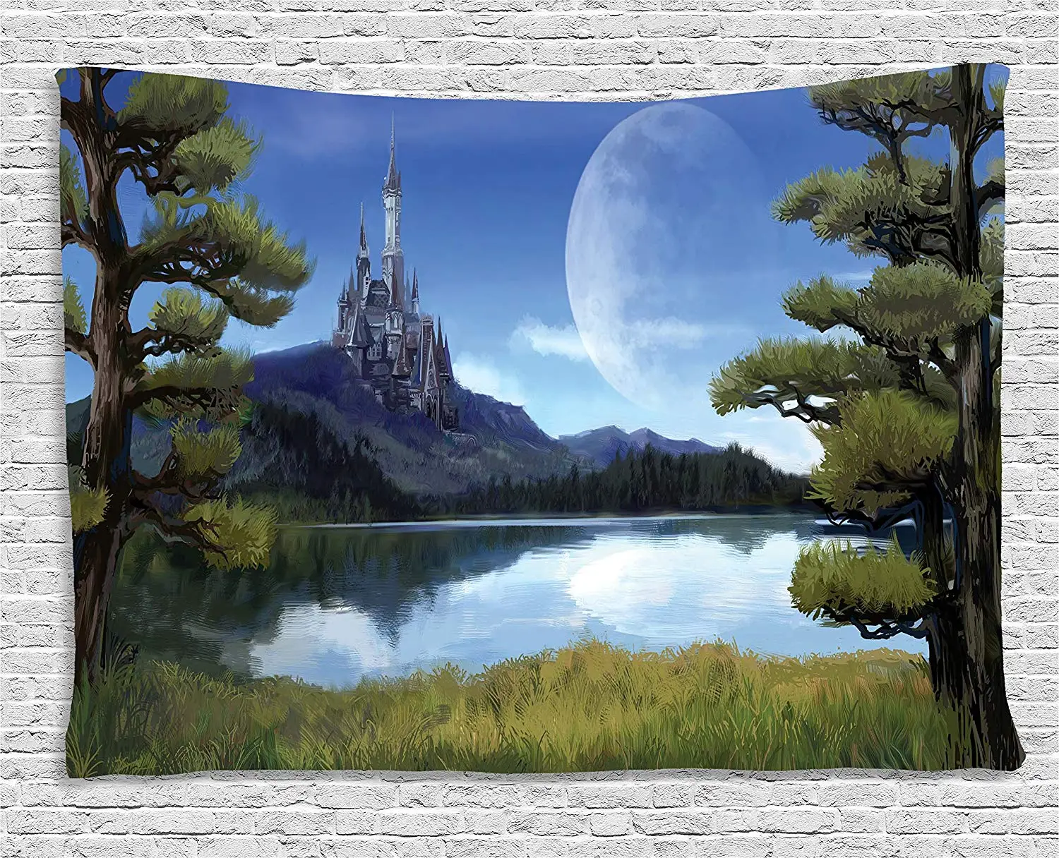 Fantasy Decor Tapestry Moon Surreal Scene with Riverside Lake Forest