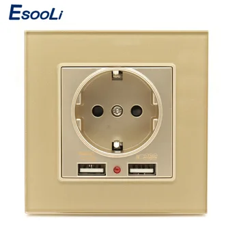 

Esooli Dual USB Charging Port 2.1A Wall Charger Adapter EU Socket Power Outlet PC Panel Gold New Luxury Glass Panel