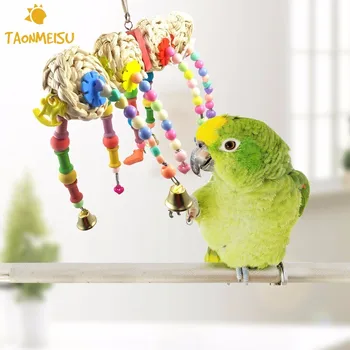 

Colorful Bird Parrot Wood Rattan Balls Chew Toy Cockatoo Standing Frame Rack Macaw Bite Hanging Toy with bells Cage Decor