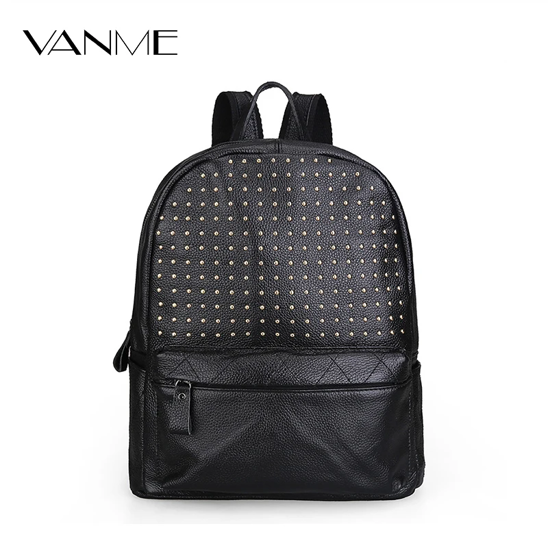 Solid Preppy Style Soft Back Pack Big Capicity Cowhide Black Bag Designer Rivets Fashion Rucksack New
