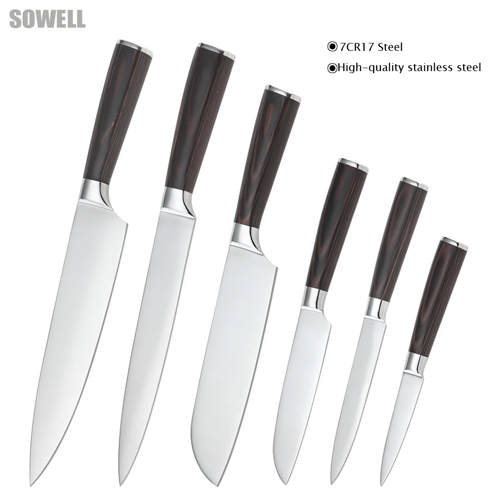 Six piece set chef slicing Japanese cook s santoku utility paring knife 7Cr17 stainless steel kitchen