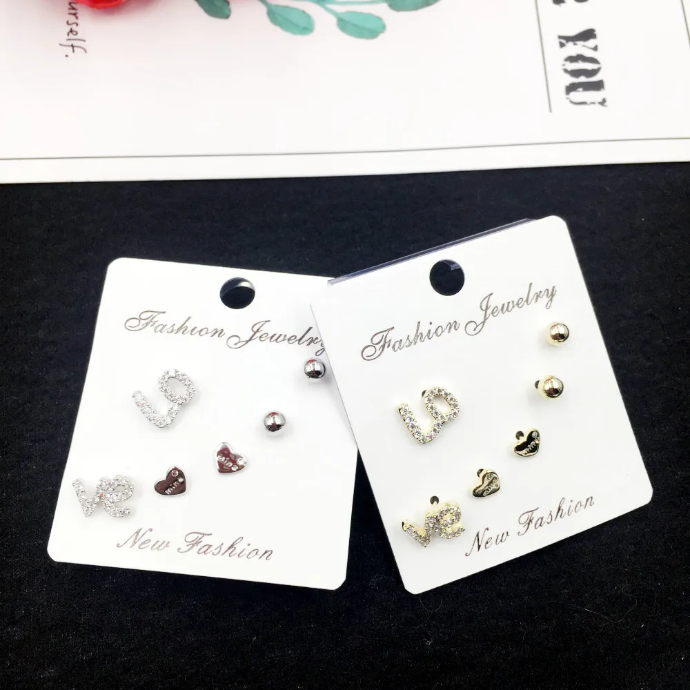 

925 Silver Needle Love Zircon Earring Set Jewelry Fashion Luxury Heart Letter Stud Earrings Women Wedding Gift