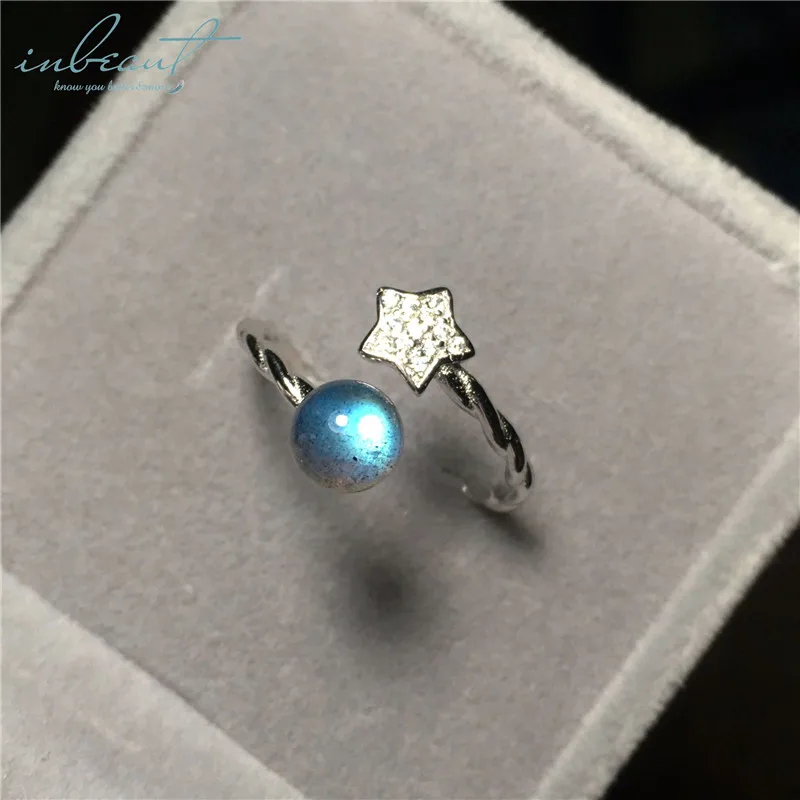 

inbeaut 925 Silver Blue Round Natural Gemstone Star Ring Glitter Rainbow Light Labradorite Rings Women Original Design Jewelry