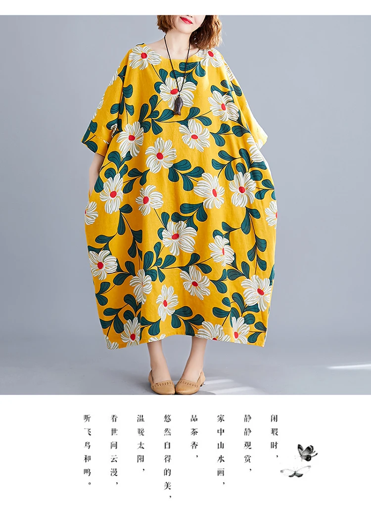 Плюс Размеры летний сарафан, женский халат праздничное платье для женщин; Большие размеры из хлопка и льна макси в форме крыла летучей мыши, свободный арт Цветочный принт Длинные платья