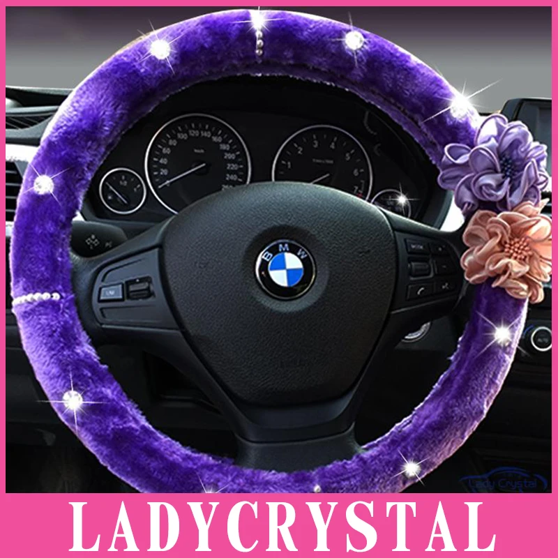 

Ladycrystal Bling Bling Diamond Car Steering Wheel Cover Soft Wool Plush Cute Flowers Car Steering Wheel Covers 38CM