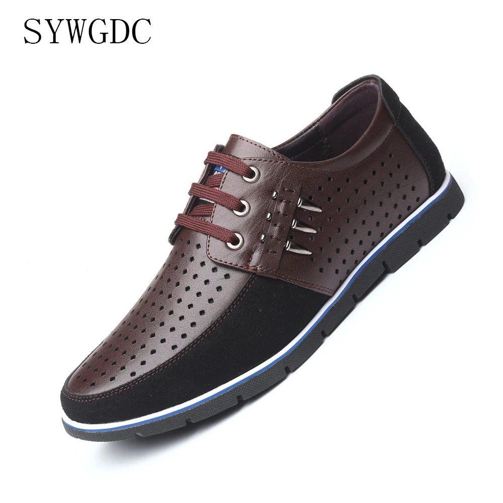 

SYWGDC Men Leather Casual Shoes Summer Breathable Soft Driving Men's Handmade Flats Hollow Out Footwear Big Size 38-48