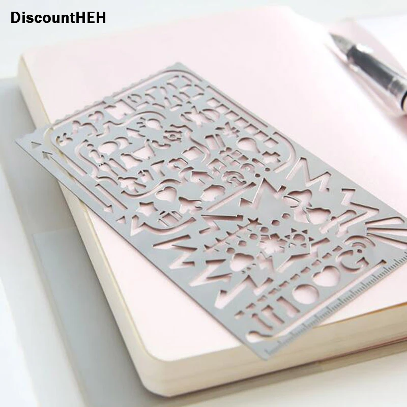 

Vintage Portable Stainless Steel Stencils Hollow Ruler Planner Travel Diary Notebook Diy Tool Template Gift Stationery