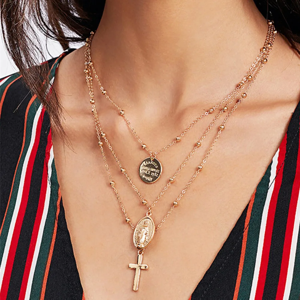 

2019 New Women's Jewelry Match Cross Pendants Necklaces Woman Gold Sliver Color Multi Layer Chain Personality Jesus Christianity
