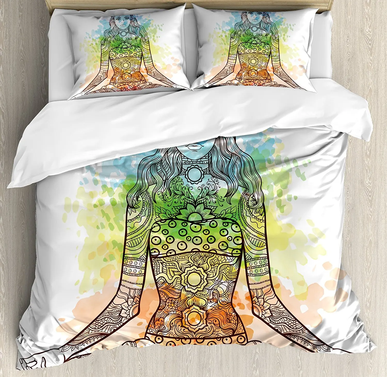 

Yoga Duvet Cover Set Tattoo Mehndi Style Vintage Ornate Woman Figure in Lotus Pose Chakra Aura Watercolor Bedding Set Multicolor