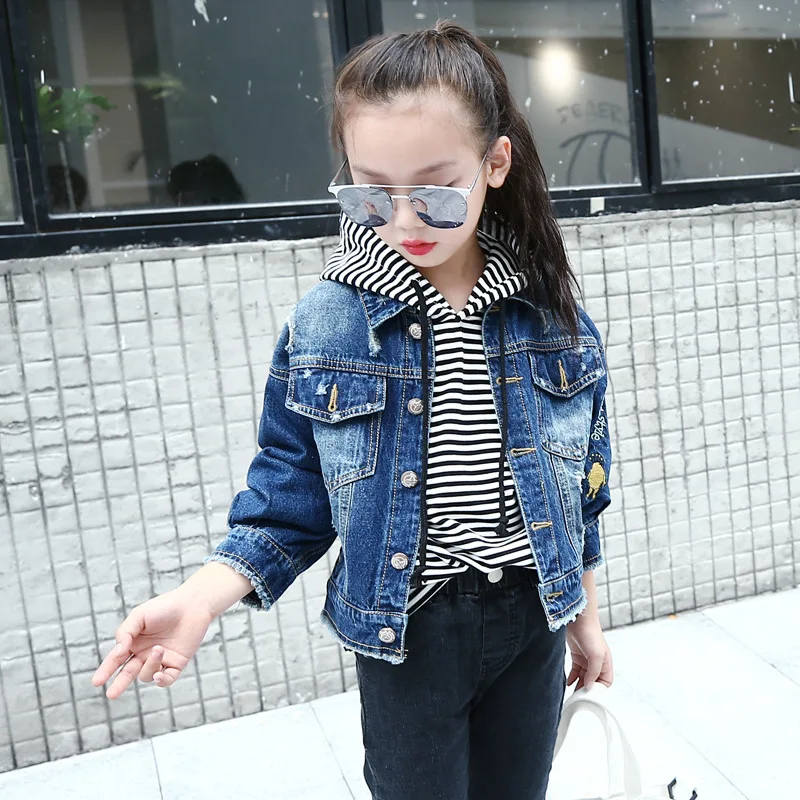 

Ripped Jeans Jacket Girls Kids Teens Clothes Autumn Long Sleeve Letter Fashion Children's Denim Coats 4 5 6 7 8 9 10 11 12 13t