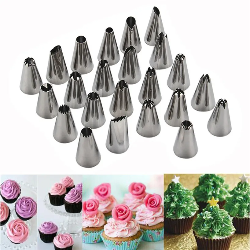 

24PCS Pastry Nozzles and Coupler Icing Piping Tips Sets Stainless Steel Rose Cream Bakeware Cupcake Cake Decorating Hot Sale