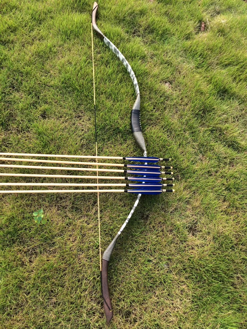 

20-60lbs snake Leather bow with 6 full blue wooden arrows for sports