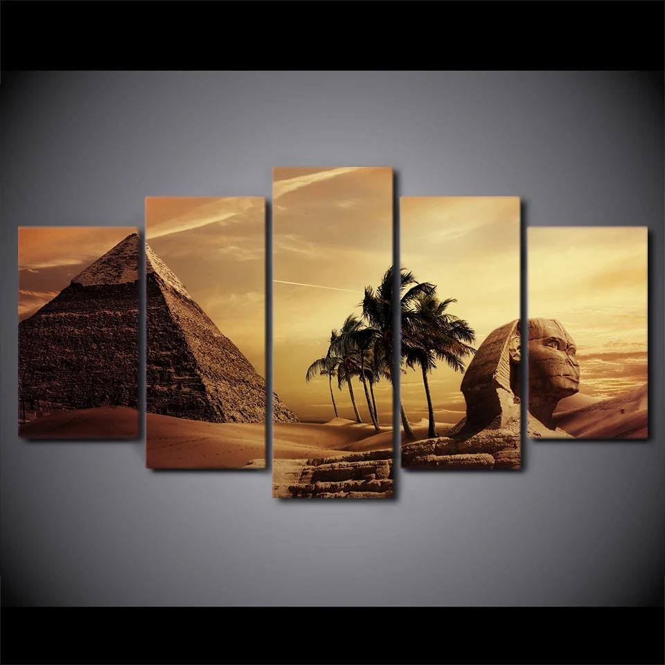 

5 Pieces Pyramids Egypt Androsphinx Sunset Scenery Canvas Paintings Poster Modular Decor Room Wall Pictures Art Framed HD Prints