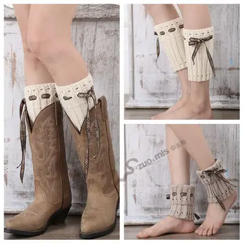 

Protective Sleeves Wool Boot Cover Bohemia Style Ribbon Cord Knitting Leg Warmers Boot Cover Keep Warm Socks Solid Color 3pair