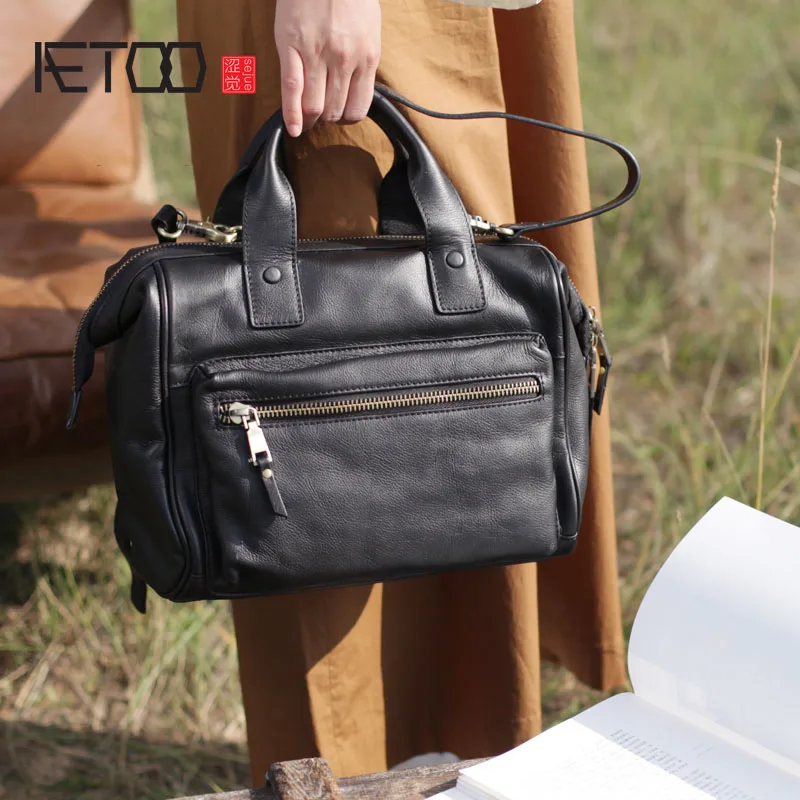

BJYL Leather black large capacity Messenger bag handbag female casual retro first layer leather commuter motorcycle bag shoulde