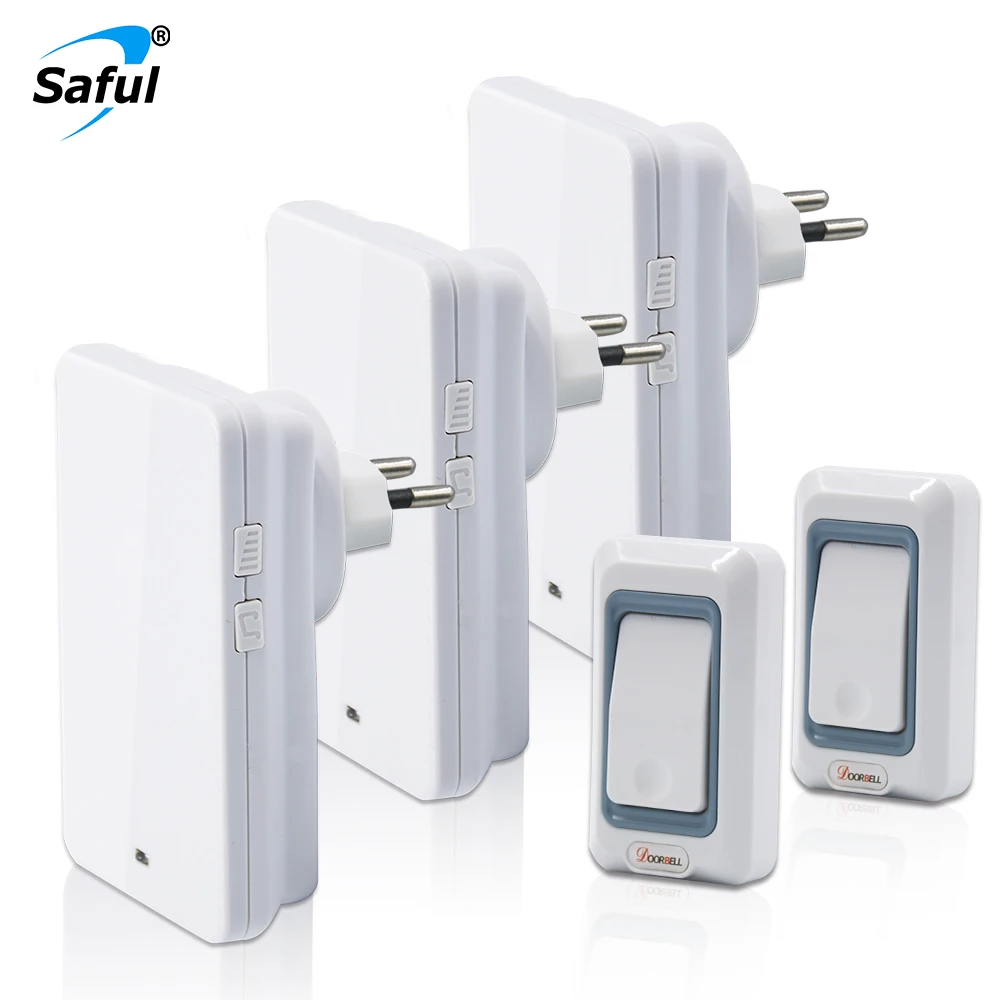 Saful Plug-in Rainproof Wireless Doorbell EU/US/UK/AU Plug 2 Button Outdoor Transmitters + 3 Indoor Receivers |