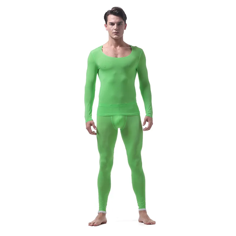 Men's Ultra-thin Ice Silk Underwear Sets Seamless Men's Transparent U Pouch Bag Design Sexy Breathable Long Johns(for A Suits) mens long underwear sets