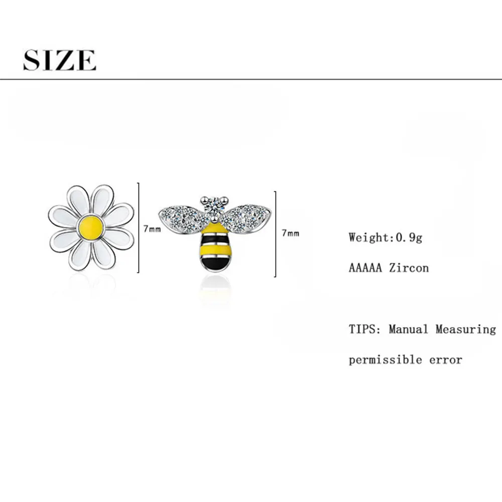 Anenjery милые Асимметричные пчелиные солнечные циркониевые серьги с цветочным мотивом для женщин девушек 925 пробы серебряные серьги Букле д 'ореиль S-E644